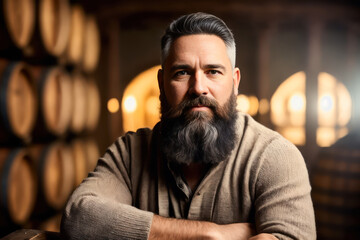 Digital portrait of senior bearded bartender in an old wine cellar with wooden wine barrels in the background. Generative AI