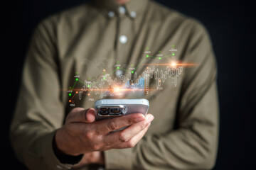 Aufkleber - Businessmen investor stock market investment using smartphone to analyze trading data. investor analysis with stock exchange graph on screen. Financial stock market.
