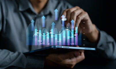 Aufkleber - Businessmen investor stock market value up. investment and analyze trading data. investor analysis with stock exchange graph on screen. Financial stock market.