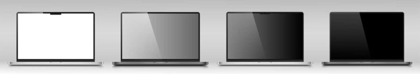 Fototapete - A set of realistic laptop layouts in a silver metal case with reflection. Laptops with white, gray and black screens on a gray gradient background. Vector illustration.