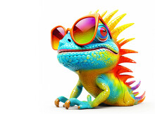 Cartoon Colorful Iguana With Sunglasses On Isolated Background. Created With Generative Ai