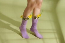 Close-up Legs Of A Little Girl With Fresh Flowers In Socks