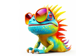 Wall Mural - cartoon colorful iguana with sunglasses on isolated background. created with generative ai