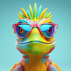 Wall Mural - cartoon colorful iguana with sunglasses on isolated background. created with generative ai