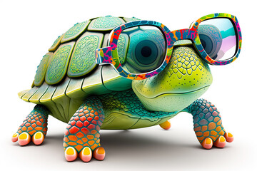 Wall Mural - cartoon colorful turtle with sunglasses on isolated background. created with generative ai