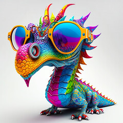 Wall Mural - cartoon colorful dragon with sunglasses on isolated background. created with generative ai