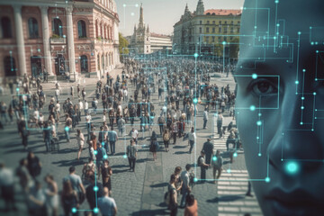 People crowd at city street tracking by surveillance camera. Face recognition and personal identification technologies system. Created with Generative AI