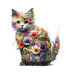 silhouette of a cat created from flowers on a white background