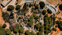 Aerial Topdown Shot Of Old Water Slides, Waterpark Abandoned
