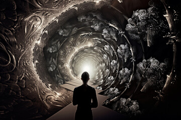 Wall Mural - Human and psychology concept. Human dark silhouette and abstract background illustrates consciousness. Generative AI