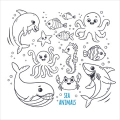 Wall Mural - set of cute sea creatures and underwater animals, doodle. Whale, octopus,crab, fish,shark, dolphin in sketch style. Outline vector illustration