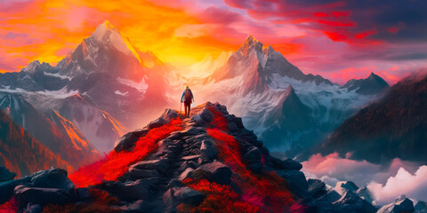 Canvas Print - Magical fantasy adventure composition depicting a man hiking on top of a rocky mountain peak