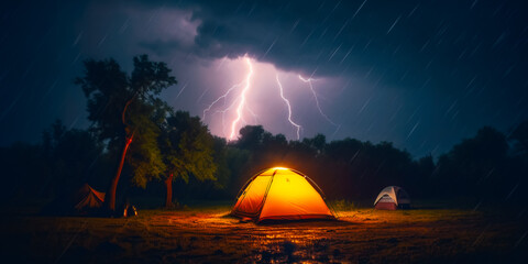 Wall Mural - Tent camping in a thunderstorm