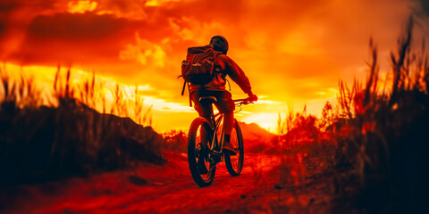 Wall Mural - A man riding a bicycle at sunset