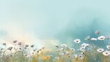 A serene and tranquil scene of a blooming garden with delicate daisies and buttercups, set against a soft gradient background of pale green and blue, with negative copy space. Generative AI.