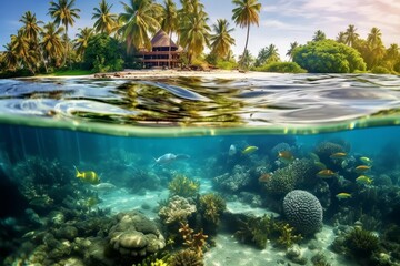 Split view photo of Tropical Island with green palms , Coral Reef, turtle , colorful fish and shark. Generative AI