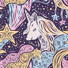 Cute unicorn character, night moon and stars. Hand-drawn seamless pattern in purple, pink, yellow and blue colors. Starry night and sweet dreams. Print for nursery, fabrics, wallpapers. Kids design