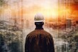 © bluebeat76 - The double exposure image of the engineer standing back during sunrise overlay with cityscape image. The concept construction and future. Generative AI