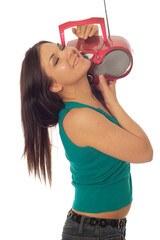 Poster - attractive woman with red radio on white background