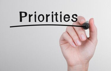 Poster - womans hand writing word priorities with marker
