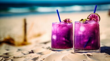 Tropical cocktails on the beach. Generative AI