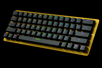 Yellow computer keyboard with rgb colors isolated on black background.