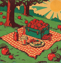 Spring Picnic With Blanket, Apples And Strawberry