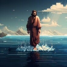 Christ Walking On Water, Jesus Walk On Water Sea Of Galilee, Pixel Art, Pixel Art Style, Generative Ai