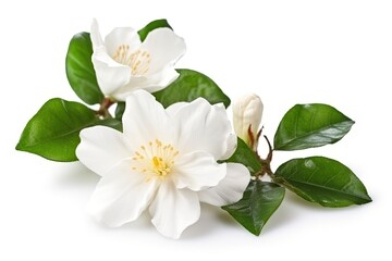 Wall Mural - two white flowers with green leaves isolated on a white background Generative AI