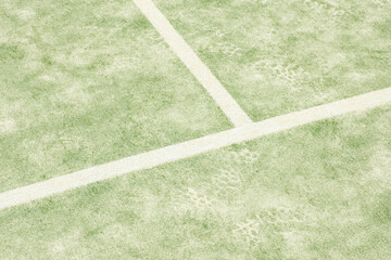 Sport field court background. Outdoor paddle tennis court filled with sand. Light green ground surface with white lines. Top view