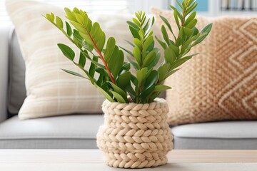 Canvas Print - green potted plant placed on a rustic wooden table. Generative AI