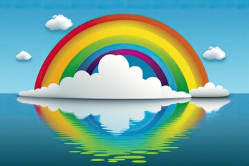 Sticker - colorful rainbow over a calm body of water with clouds mirrored in the surface. Generative AI