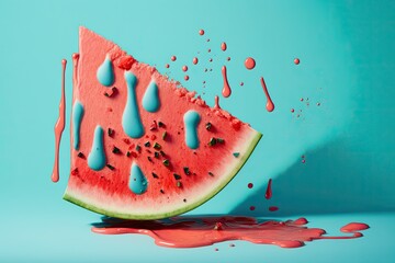 Sticker - watermelon slice with colorful paint splatters. Generative AI