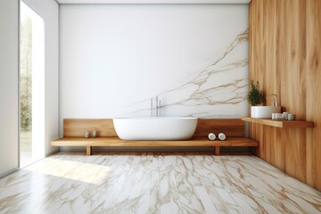 Poster - modern bathroom with a spacious white bathtub and a sleek wooden shelf Generative AI