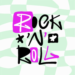 Poster - Graffiti slogan of Rock'n'roll. Glam punk artwork design with spray texture. Lettering on chessboard pattern for banner, decoration, street art and ads. Nostalgia for 1990s - 2000s.