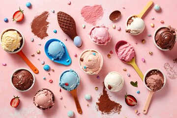 Wall Mural - colorful display of various ice cream flavors and toppings on a table. Generative AI