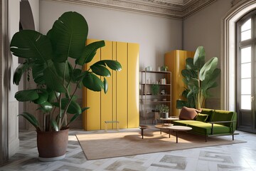 Sticker - cozy living room with indoor plant and modern furniture Generative AI