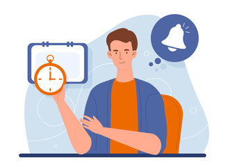 Poster - Day planning concept. Man with clock on background of calendar. Time management and organization of efficient workflow. Goal setting and motivation. Cartoon flat vector illustration