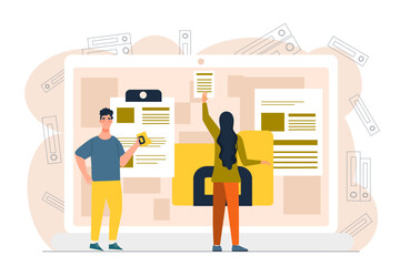 Poster - people with documents. man and woman carried folders with files, electronic archive or storage. data