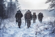 © Lubo Ivanko - Group of infantry soldiers in uniforms, walking over snow covered landscape, forest near, view from behind. Military conflict or war in cold weather or arctic region concept. Generative AI