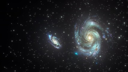 Wall Mural - Glide seamlessly through the cosmic expanse towards a unique spectacle of two galaxies converging. Grandeur of these celestial bodies in a delicate dance of cosmic forces. 4K 3D abstract animation.