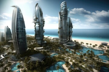 Poster - tall buildings towering over a beachfront Generative AI