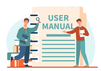 Poster - user manual concept. men with magnifying glass near document, instructions and guidebook. faq and in