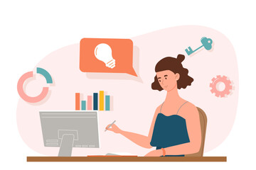 Poster - concept of consulting. woman sits at laptop on background of graphs and diagrams. answering question