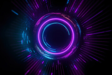 abstract background of a glowing colorful circle on a dark background, retro futuristic cyberpunk style, purple and blue, Generative AI