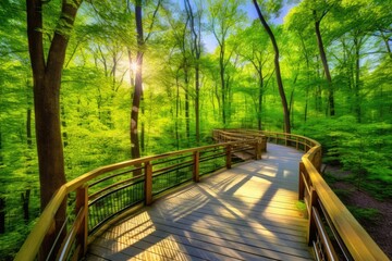 Poster - serene wooden bridge in the midst of a lush forest Generative AI