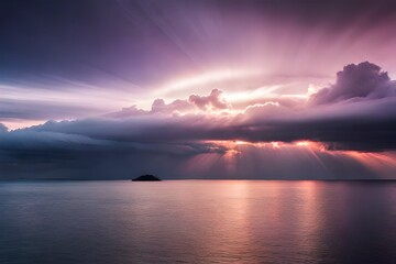 Photo hyper-realistic of the dark sky with red and violet clouds and lightning hit the sea surface. Cinematic lighting, insane detailing