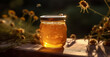 Honey, Nature's Healing Elixir: Discover the Health Benefits of Real Honey as Bees Gracefully Flutter Around the Sweet Amber Jar.