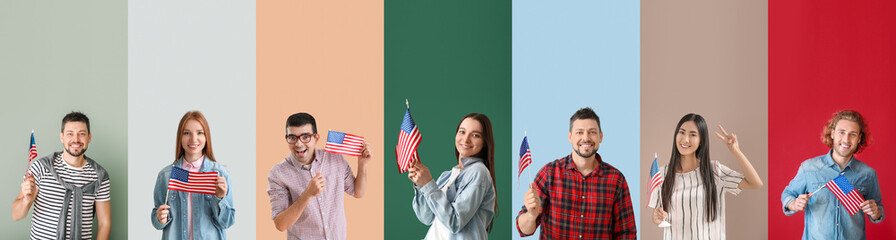 Wall Mural - Many people with USA flags on color background