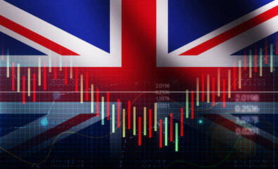 Poster - Stock Market of the United Kingdom with waving flag in the backdrop and charts. UK stock market wallpaper design